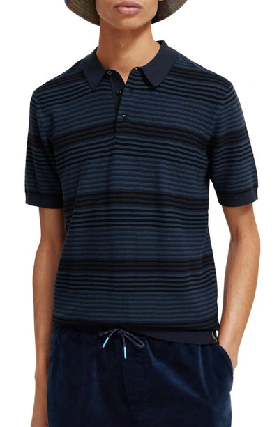 Scotch & Soda Stripe Organic Cotton Polo Sweater In Blue Stripe