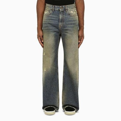 Palm Angels Blue/brown Denim Jeans With Wear In Black