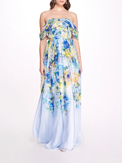 Marchesa Center Knot Chiffon Gown In Blue/yellow