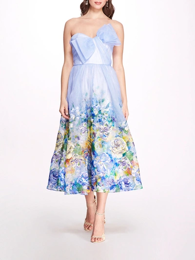 Marchesa Embroidered Organza Strapless Dress In Blue Yellow