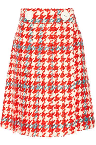 Miu Miu Pleated Houndstooth Wool And Cotton-blend Bouclé-tweed Skirt In ...