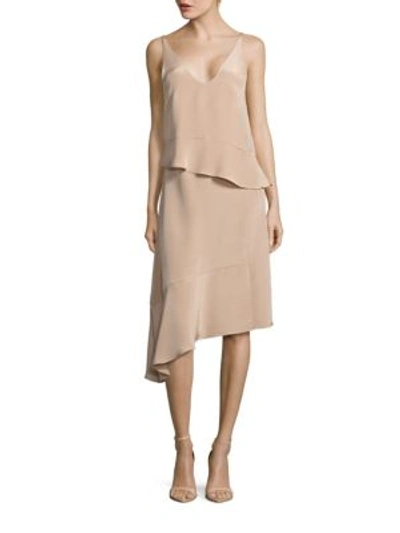 Tibi Ruffled V-neck Sleeveless Silk Dress In Sand