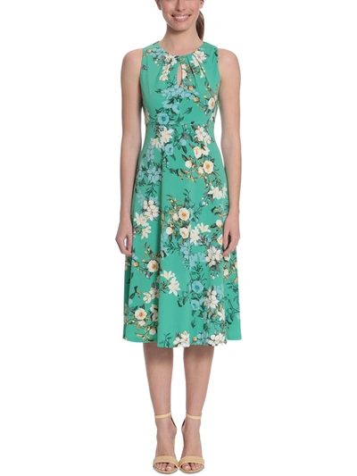 London Times Plus Womens Floral Print Calf Midi Dress In Green