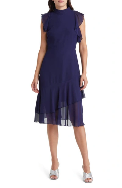 Sam Edelman Ruffle Mock Neck Midi Dress In Navy