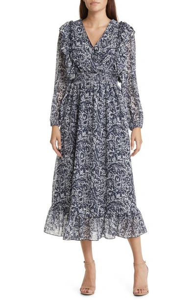 Sam Edelman Wallpaper Paisley Smocked Waist Long Sleeve Dress In Mineral Multi