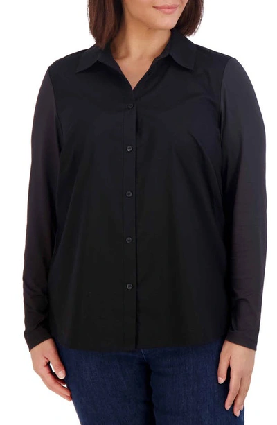 Foxcroft Marianna Mixed Media Button-up Shirt In Black