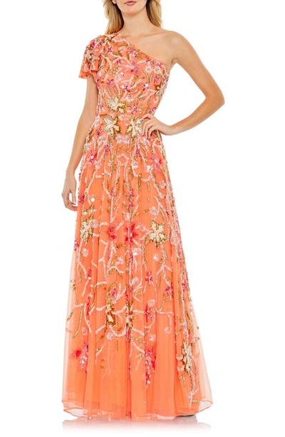 Mac Duggal Beaded Floral One-shoulder Gown In Coral