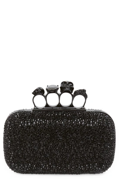 Alexander Mcqueen Skull Crystal Embellished Four-ring Box Clutch In Black