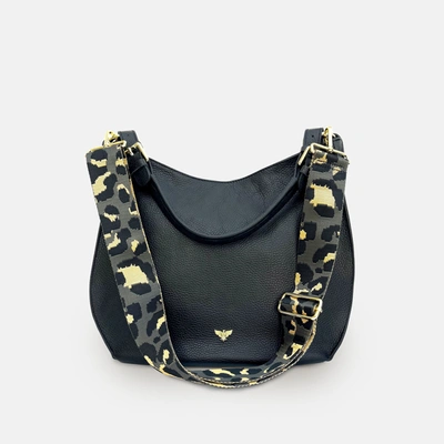 Apatchy London The Harriet Black Leather Bag With Pale Pink Leopard Strap