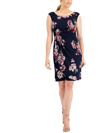 Connected Apparel Petites Womens Floral Print Knee Sheath Dress In Blue