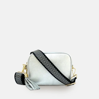 Apatchy London Silver Leather Crossbody Bag With Black & Silver Chevron Strap