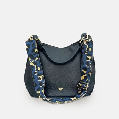 Apatchy London The Harriet Black Leather Bag With Navy Leopard Strap In Blue