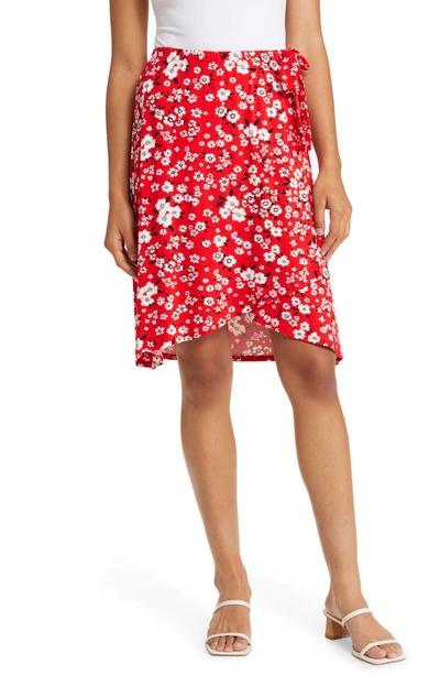 Loveappella Floral Print Faux Wrap Skirt In Red