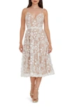 Dress The Population Tahani Floral Embroidered Fit & Flare Midi Dress In White/nude