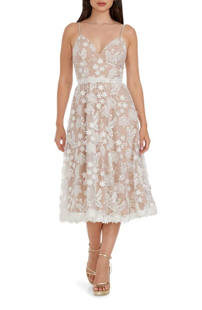 Dress The Population Tahani Floral Embroidered Fit & Flare Midi Dress In White/nude