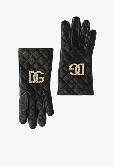 Dolce & Gabbana Dg Logo Quilted Nappa Leather Gloves In Black