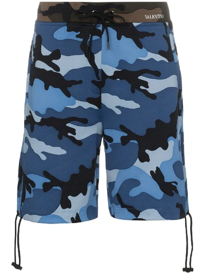 Valentino Camouflage-print Jersey Drawstring Shorts In Blue