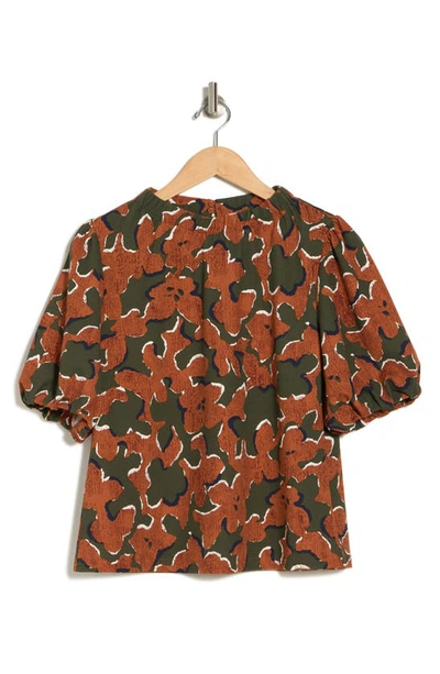 Melloday Mock Neck Puff Sleeve Top In Rust/ Olive