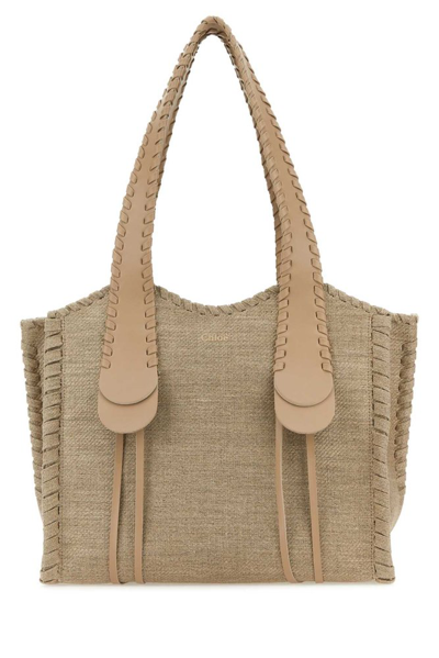 Chloé Medium Mony Tote Bag Beige Size Onesize 100% Linen, Calf-skin Leather In Brown