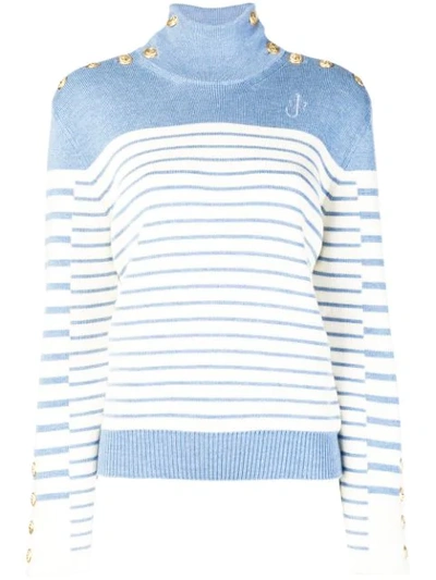 Jw Anderson Turtleneck Striped Merino Wool Sweater W/ Golden Button Detail In Denim Melange