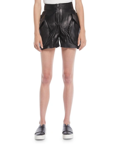 Tre By Natalie Ratabesi Giovanna High-waist Zip-front Calf Leather Shorts In Black