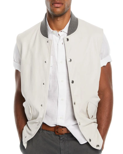 Brunello Cucinelli Men's Leather Vest With Contrast-knit Collar