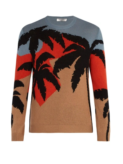 Valentino Palm Tree Intarsia Wool And Cashmere-blend Jumper In Camel