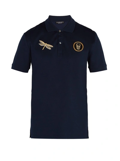 Alexander Mcqueen Dragonfly And Skull Patch Polo Shirt - Blue