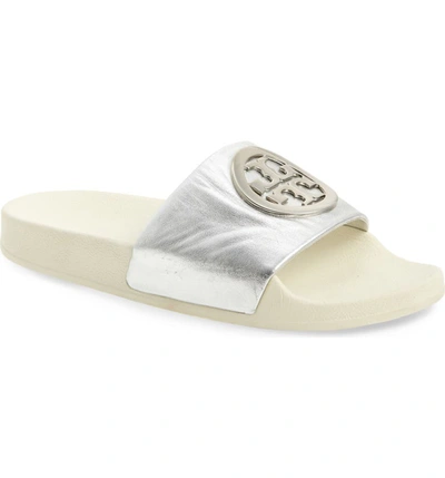 Tory Burch Lina Metallic Leather Pool Slide Sandals In Silver ModeSens