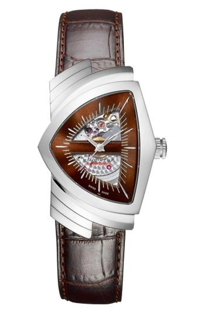 Hamilton Ventura Automatic Leather Strap Watch, 34mm X 54mm In Brown/ Silver