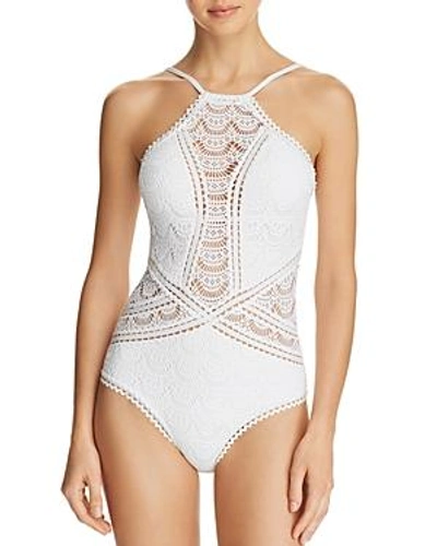 Becca By Rebecca Virtue High-neck Illusion Crochet One-piece Swimsuit Women's Swimsuit In White