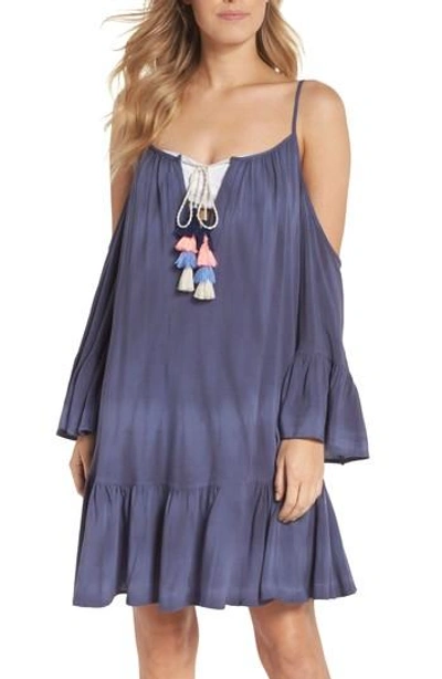 Surf Gypsy Tasseled Cold Shoulder Cover-up Tunic In Washed Navy