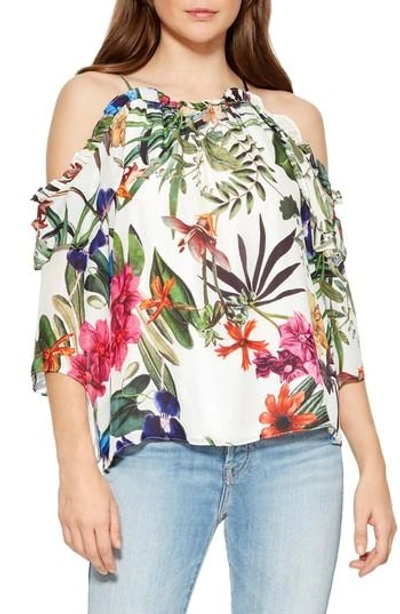 Parker Mildred Floral-print Cold-shoulder Top In White Sardinia