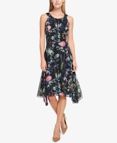 Tommy Hilfiger Floral-printed Asymmetrical Dress In Black Multi