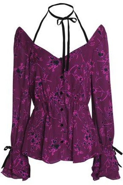 Cinq À Sept Mabel Tie-neck Floral-print Silk Top In Violet
