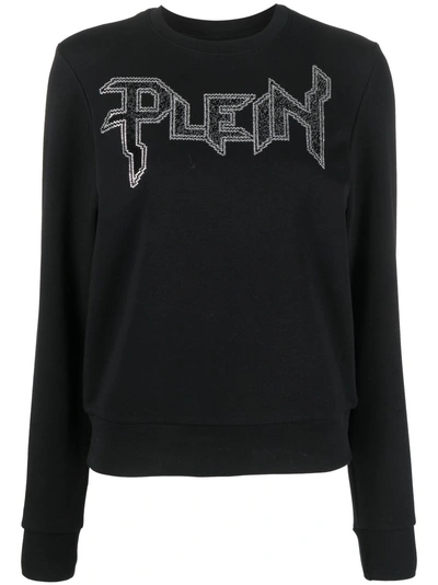 Philipp Plein Ls Crystal Logo-appliqué T-shirt In Black
