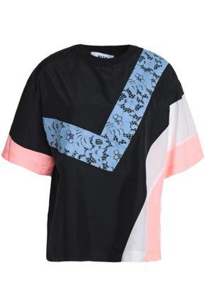 Msgm Woman Corded Lace And Shell-paneled Jersey T-shirt Black