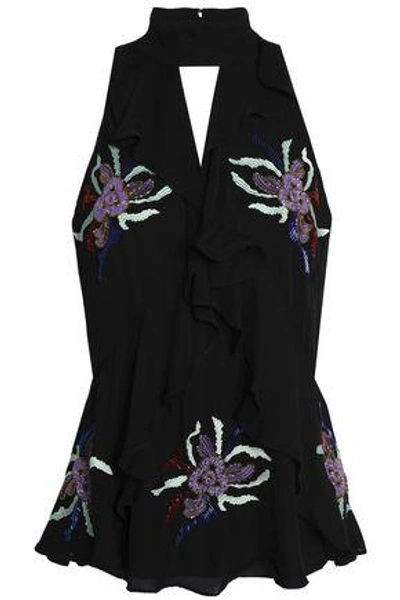 Cinq À Sept Moma Ruffle-trimmed Cutout Embellished Silk Top In Black