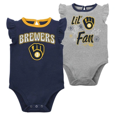 Outerstuff Babies' Newborn And Infant Boys And Girls Navy, Heather Gray Milwaukee Brewers Little Fan Two-pack Bodysuit In Navy,heather Gray