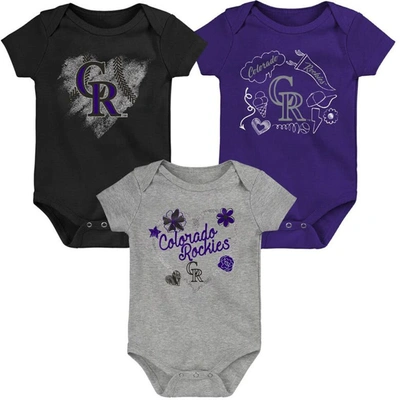 Outerstuff Babies' Girls Newborn And Infant Black, Purple, Heathered Gray Colorado Rockies 3-pack Batter Up Bodysuit Se In Black,purple,heathered Gray