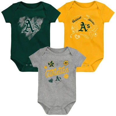 Outerstuff Babies' Girls Newborn And Infant Green, Gold, Heathered Gray Oakland Athletics 3-pack Batter Up Bodysuit Set In Green,gold,gray