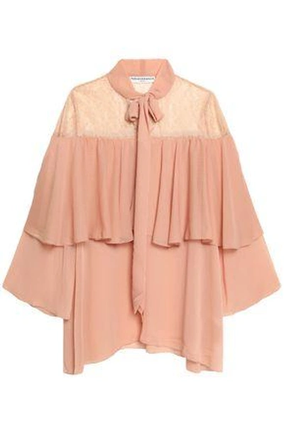 Perseverance Woman Cape-effect Pussy-bow Lace And Crepon Blouse Peach
