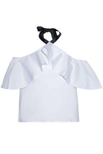 W118 By Walter Baker Woman Off-the-shoulder Ruffled Cotton-poplin Halterneck Top White In White
