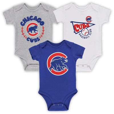 Outerstuff Babies' Infant Boys And Girls Royal, White, Heather Gray Chicago Cubs Biggest Little Fan 3-pack Bodysuit Set In Royal,white