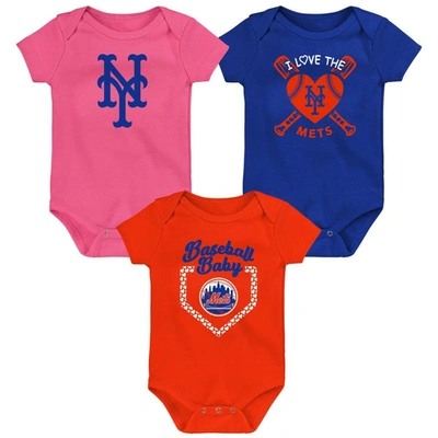 Outerstuff Infant Boys And Girls Royal, Orange, Pink New York Mets Baseball Baby 3-pack Bodysuit Set In Royal,orange