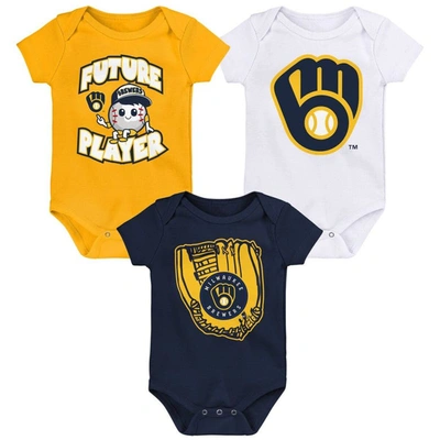 Outerstuff Babies' Newborn & Infant Gold/navy/white Milwaukee Brewers Minor League Player Three-pack Bodysuit Set