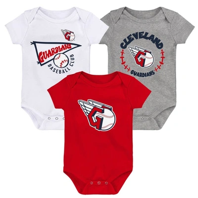 Outerstuff Babies' Infant Red/white/heather Gray Cleveland Guardians Biggest Little Fan 3-pack Bodysuit Set