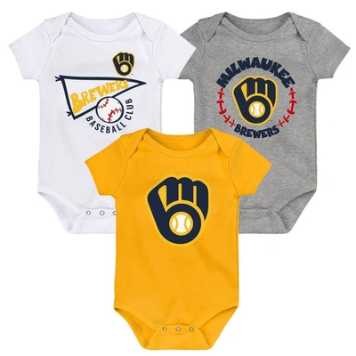 Outerstuff Babies' Newborn And Infant Boys And Girls Gold, White, Heather Gray Milwaukee Brewers Biggest Little Fan 3-p In Gold,white,heather Gray