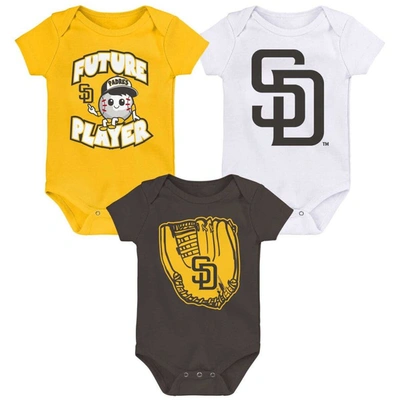 Outerstuff Babies' Infant Boys And Girls Gold And Brown And White San Diego Padres Minor League Player Three-pack Bodys In Gold,brown,white