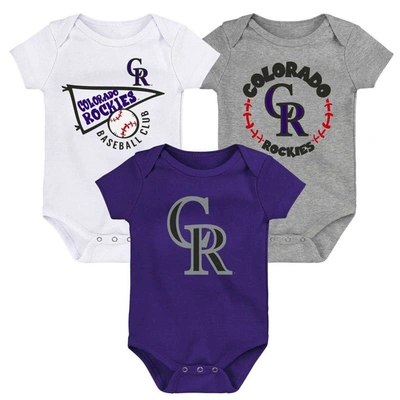 Outerstuff Babies' Infant Boys And Girls Purple, White, Heather Gray Colorado Rockies Biggest Little Fan 3-pack Bodysui In Purple,white,heather Gray